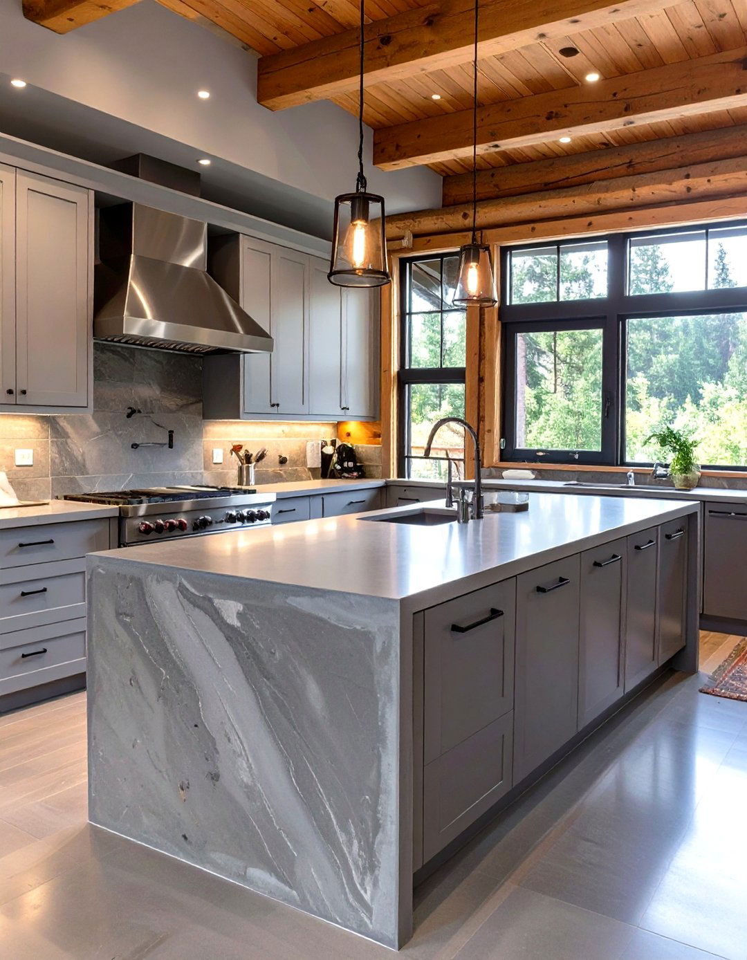 A Kitchen with a Concrete Waterfall Island - 30 modern log cabin kitchen ideas