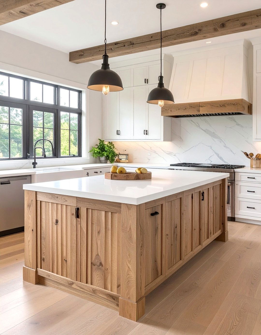 A Kitchen with a Fluted Wood Island - 30 ai modern farmhouse kitchen ideas