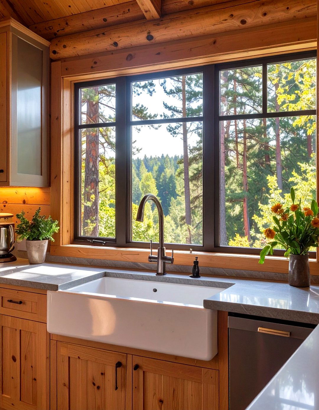 A Kitchen with a Large Picture Window Over the Sink - 30 modern log cabin kitchen ideas