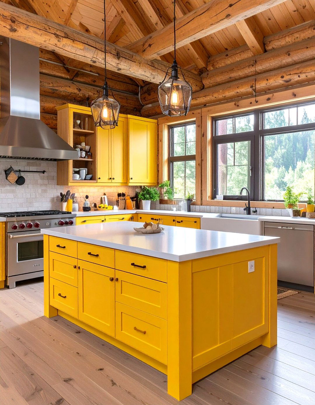 A Kitchen with a Pop of Bold Color - 30 modern log cabin kitchen ideas