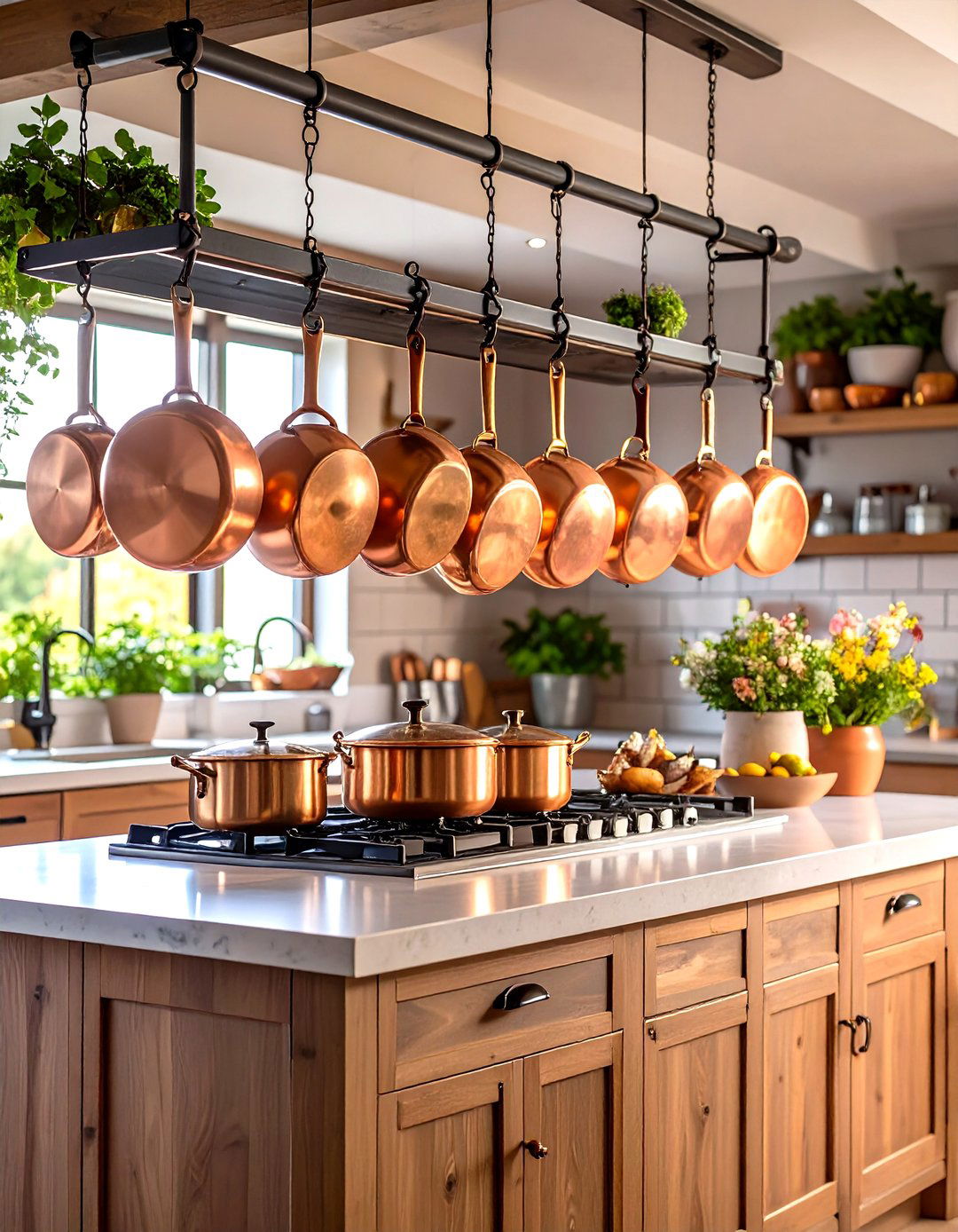 A Kitchen with a Pot Rack - 30 farmhouse country kitchen ideas