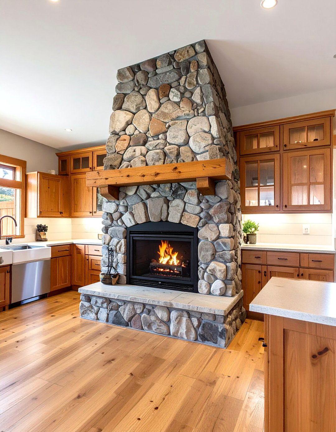 A Kitchen with a Stone Fireplace - 30 cabin kitchen ideas