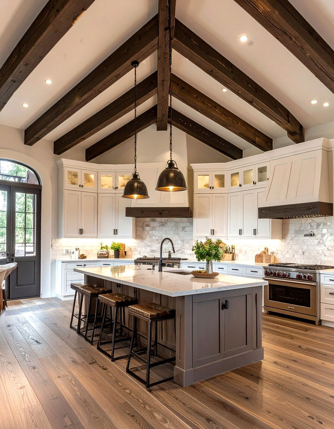 A Kitchen with a Vaulted Ceiling and Beams - 30 ai modern farmhouse kitchen ideas