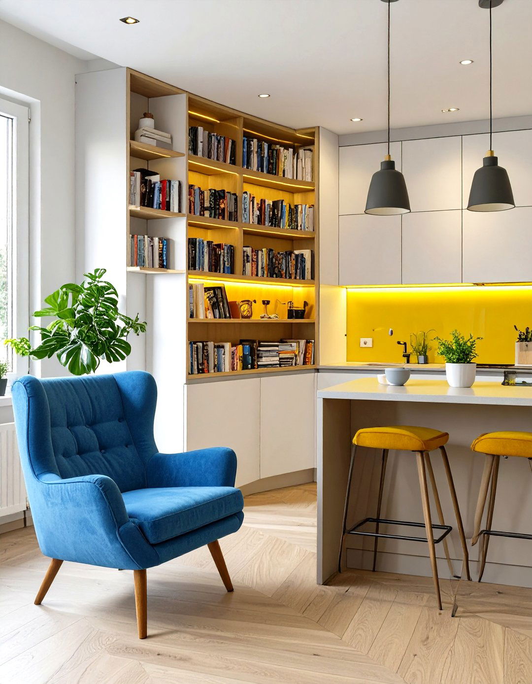 A Kitchen with an Integrated Library - 30 cozy kitchen decorating ideas