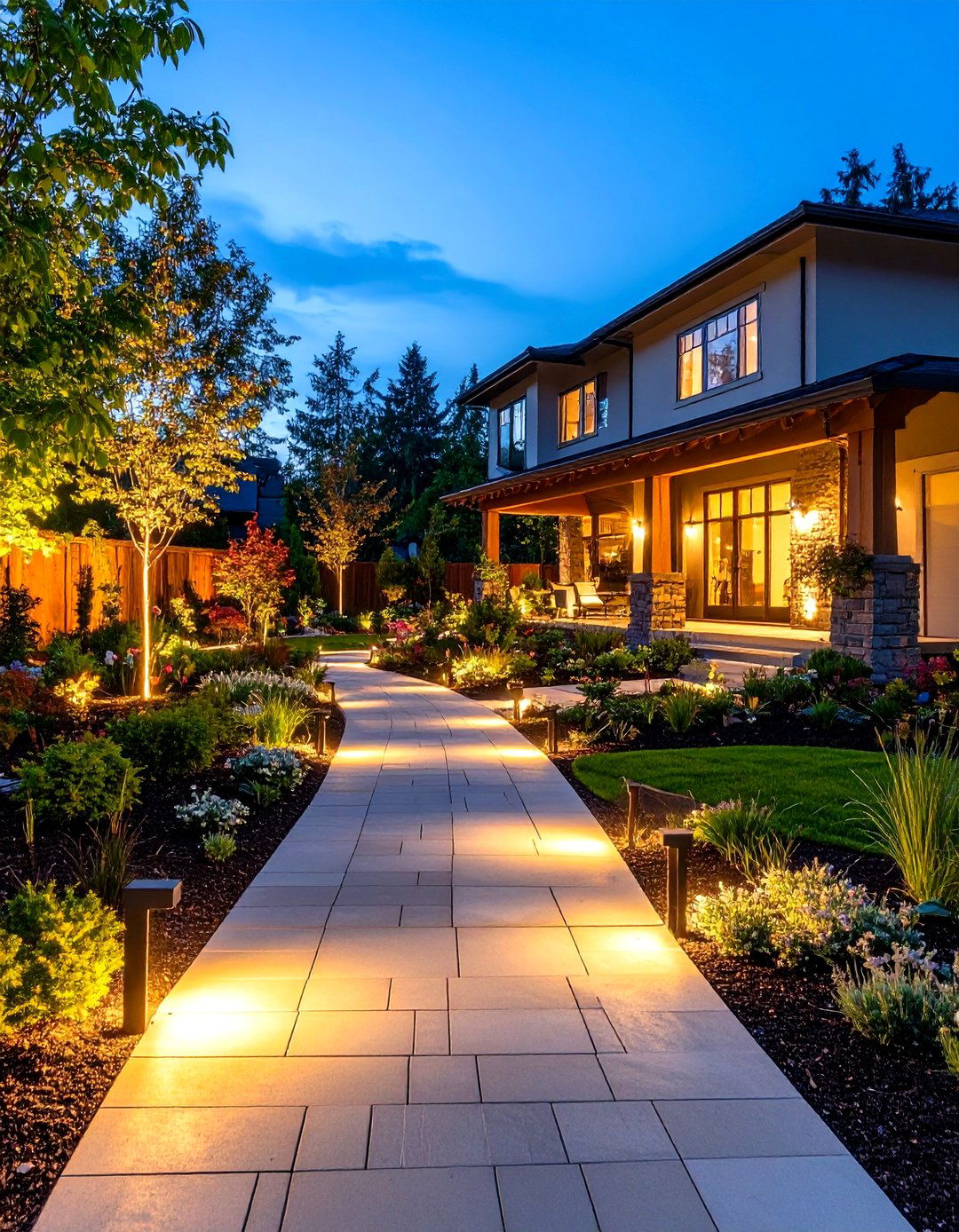 A Landscape Illuminated with Pathway Lighting - 30 residential landscape design ideas