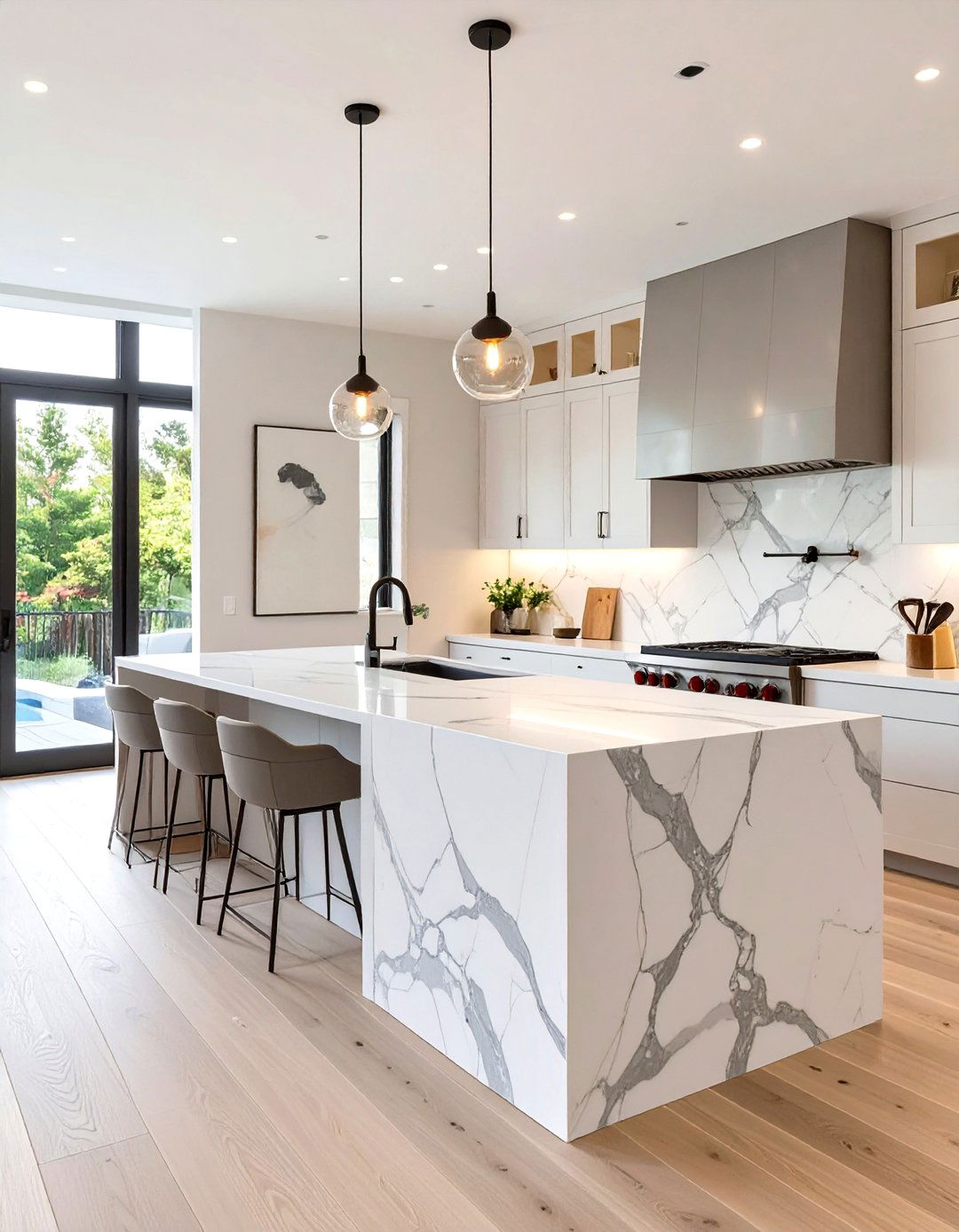 A Large Scale Marble Waterfall Island - 30 transitional kitchen design ideas