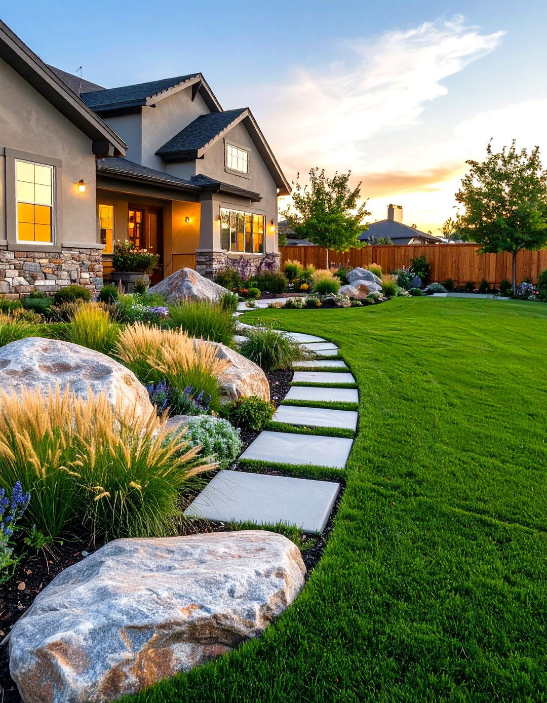 A Lawn Featuring Native Grasses and Boulders - 30 front lawn landscaping ideas
