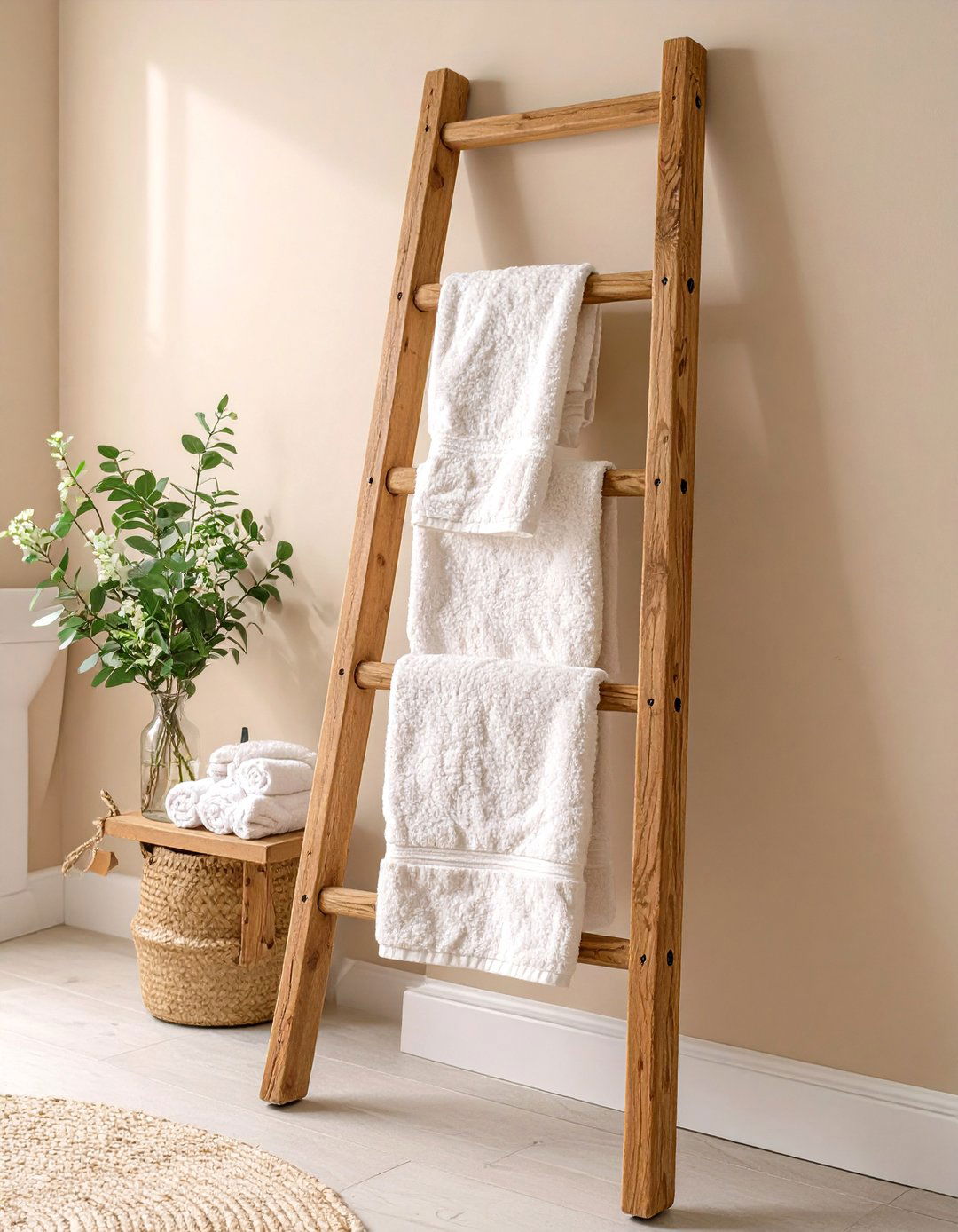 A Leaning Orchard Ladder - 30 bathroom towel hanging ideas