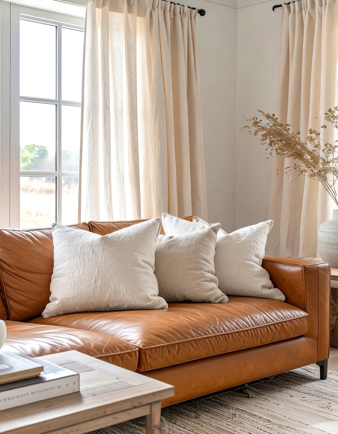 A Leather and Linen Living Room - 30 modern farmhouse living room ideas