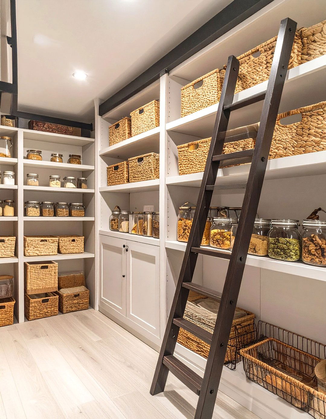 A Library Ladder for High Pantry Access - 30 small walk-in pantry ideas