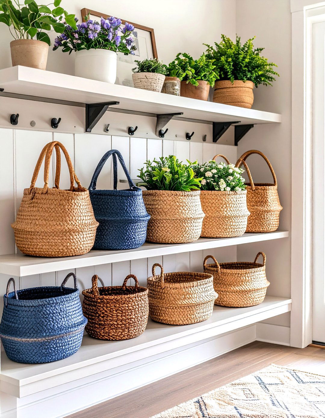 A Line of Identical Storage Baskets - 30 repetition in interior design ideas