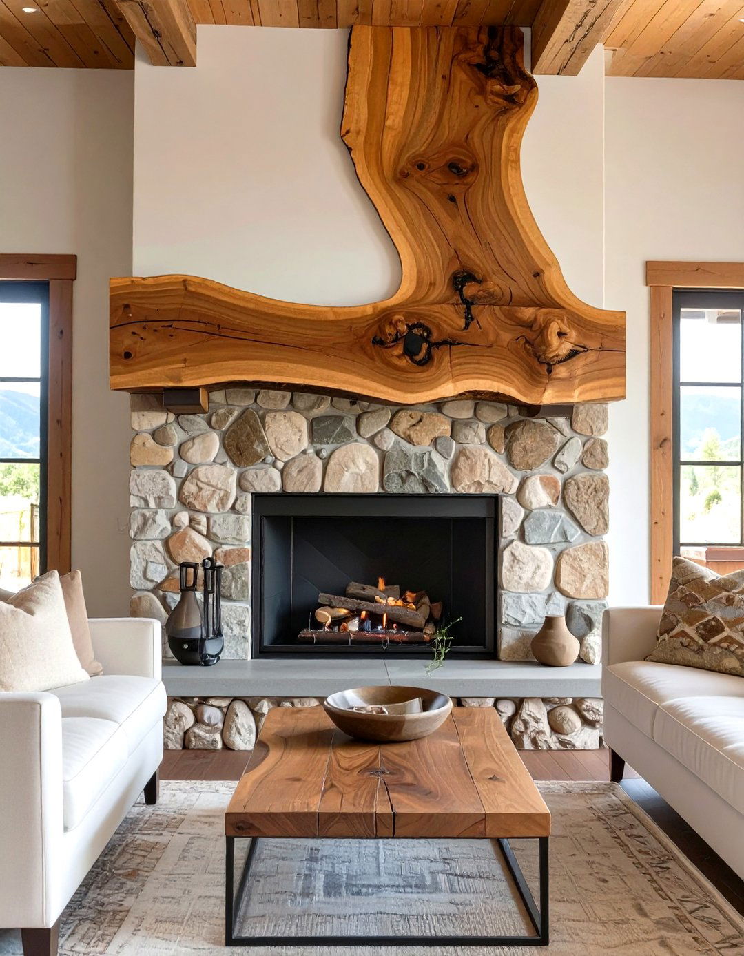 A Live Edge Wood Mantelpiece - 30 western living room ideas