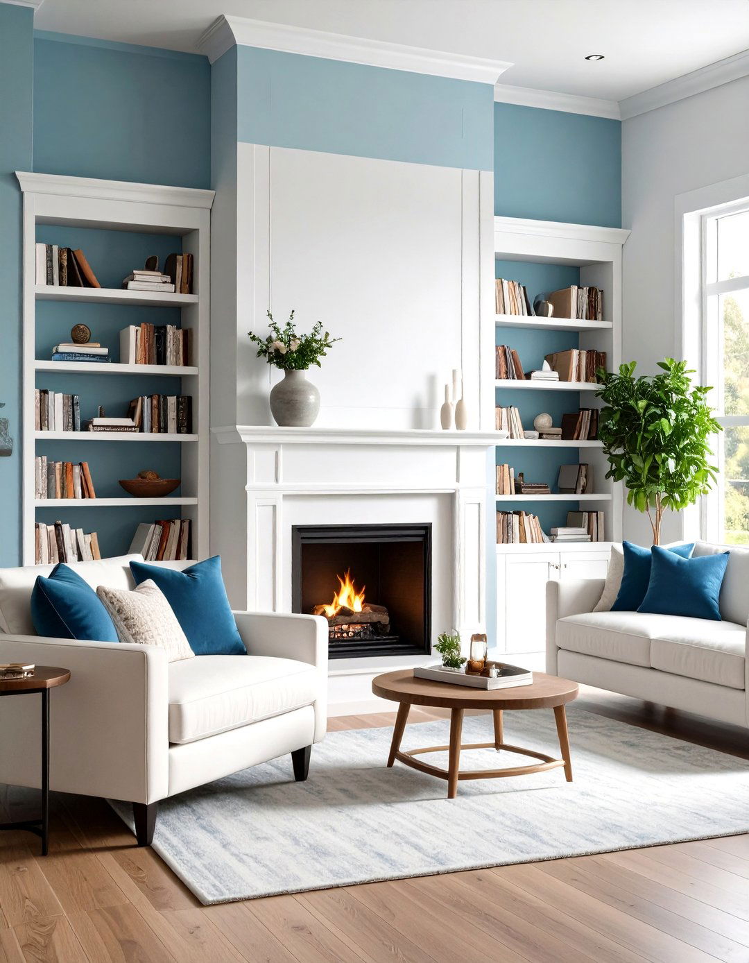 A Living Room Corner Fireplace with Built In Shelving - 30 living room corner fireplace ideas
