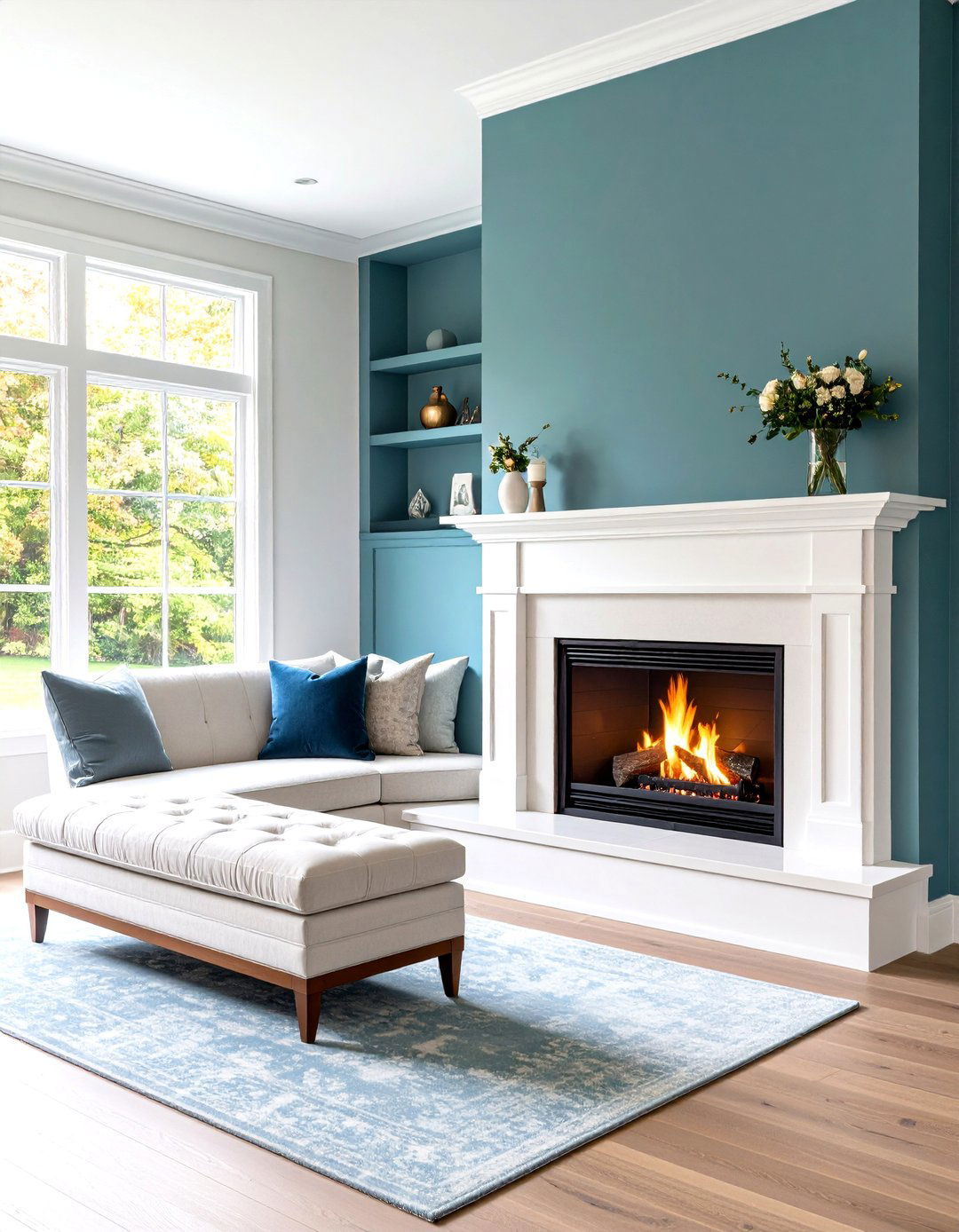 A Living Room Corner Fireplace with an Integrated Bench - 30 living room corner fireplace ideas