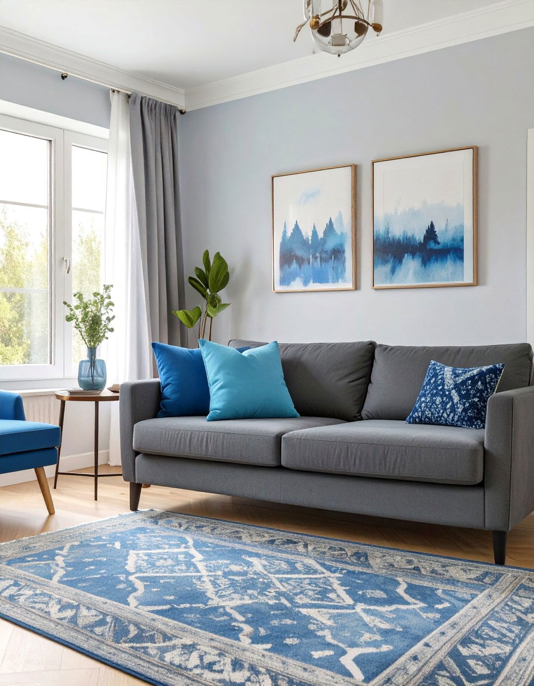 A Living Room With Blue Accents - 30 dark grey couch living room ideas