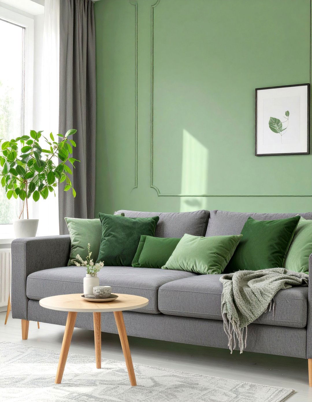 A Living Room With Green Accents - 30 dark grey couch living room ideas
