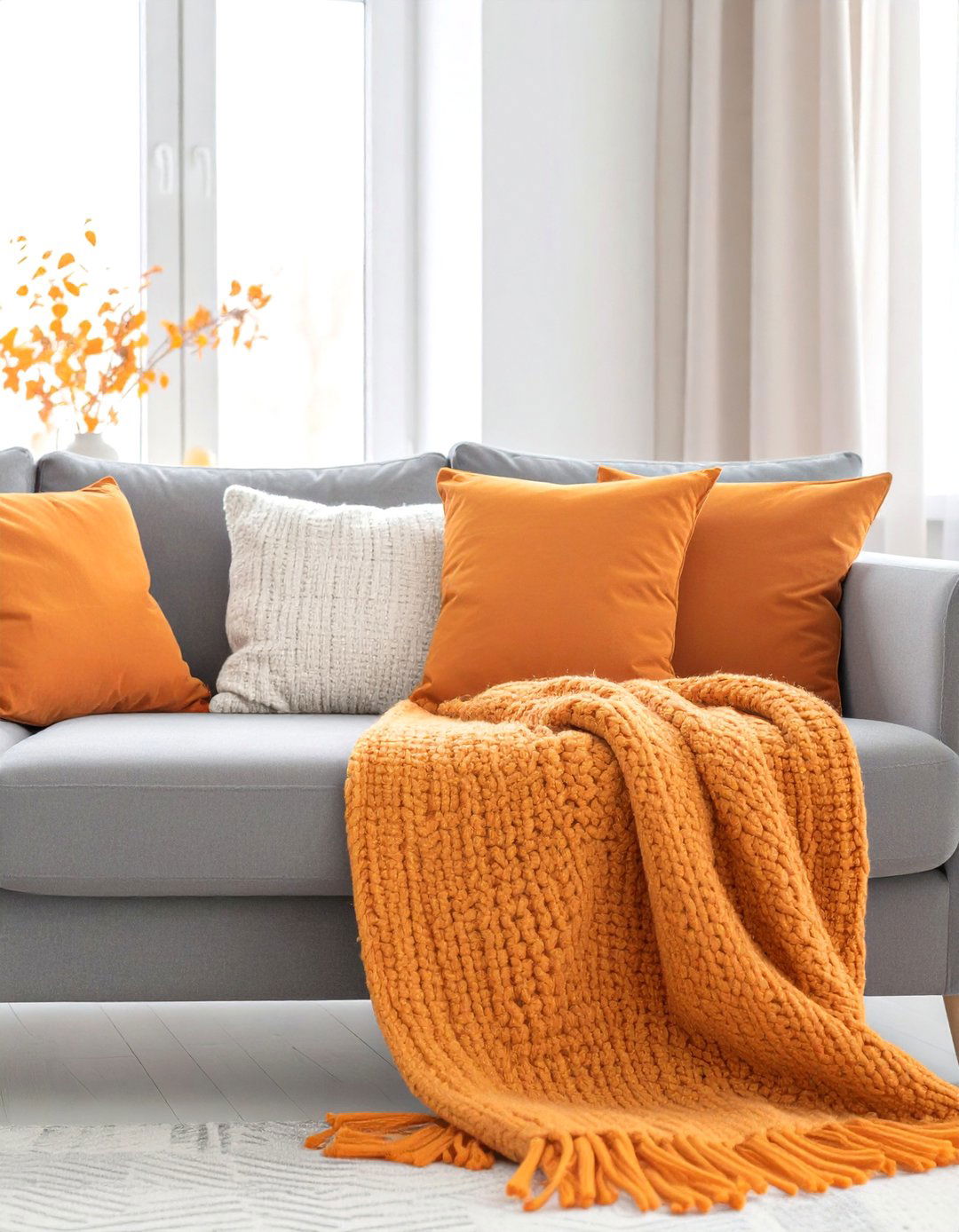 A Living Room With Orange Accents - 30 dark grey couch living room ideas