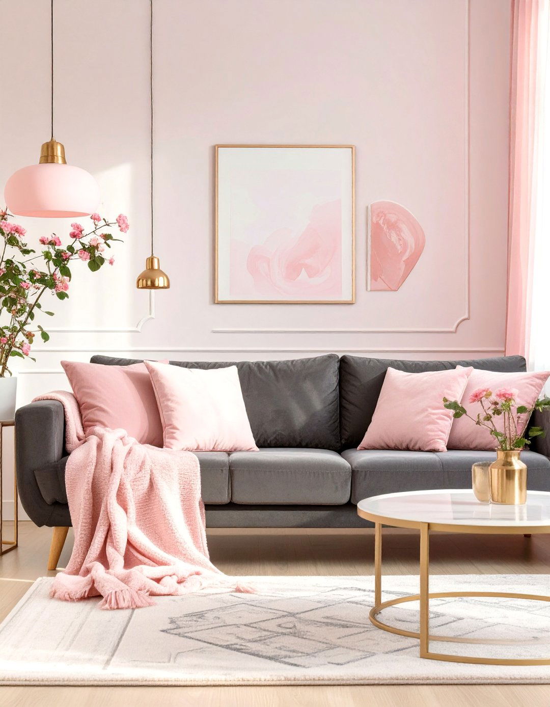 A Living Room With Pink Accents - 30 dark grey couch living room ideas