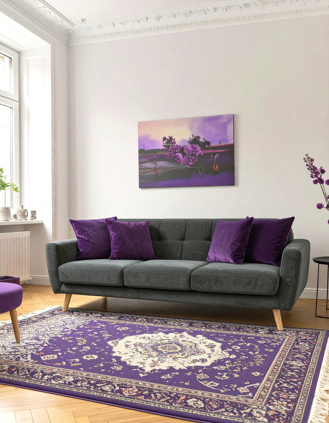 A Living Room With Purple Accents - 30 dark grey couch living room ideas