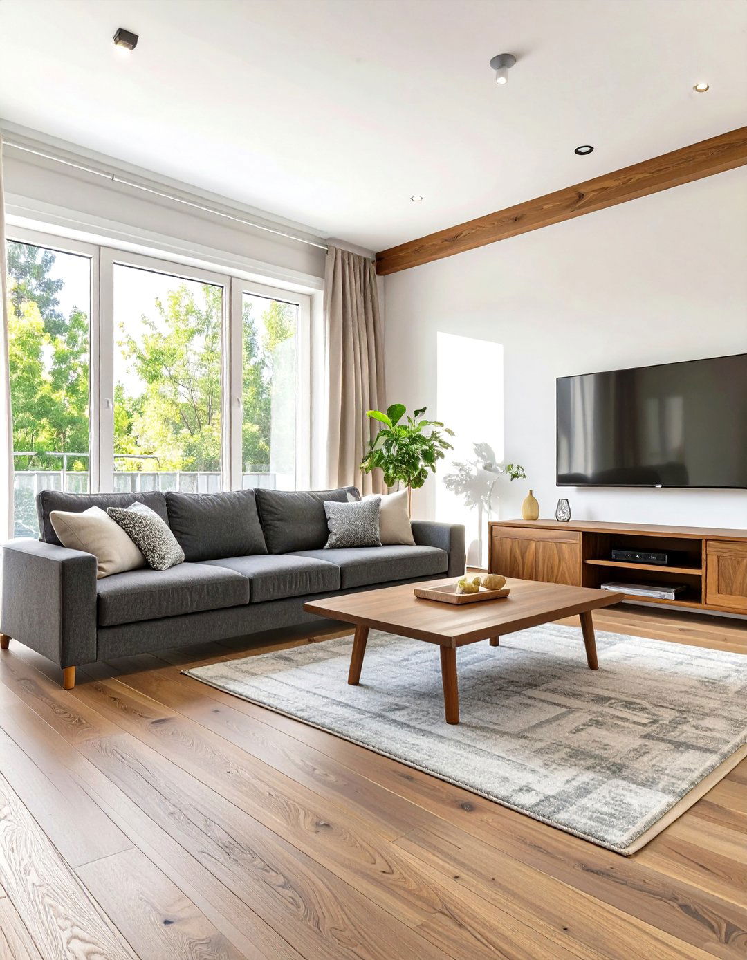 A Living Room With Warm Wood Tones - 30 dark grey couch living room ideas