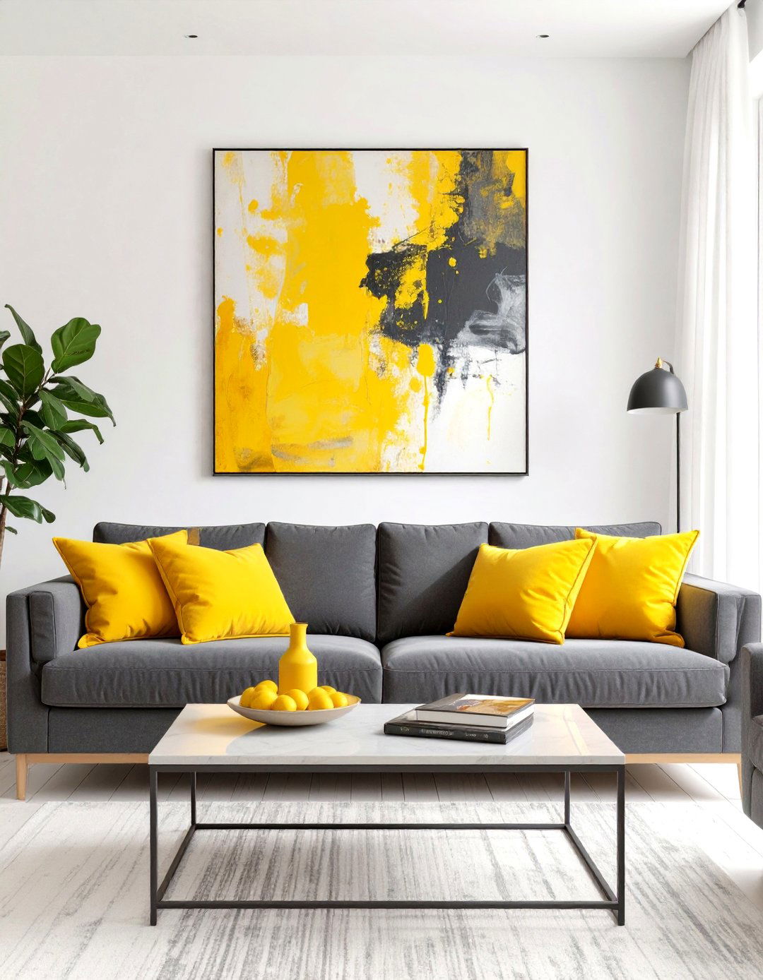 A Living Room With Yellow Accents - 30 dark grey couch living room ideas