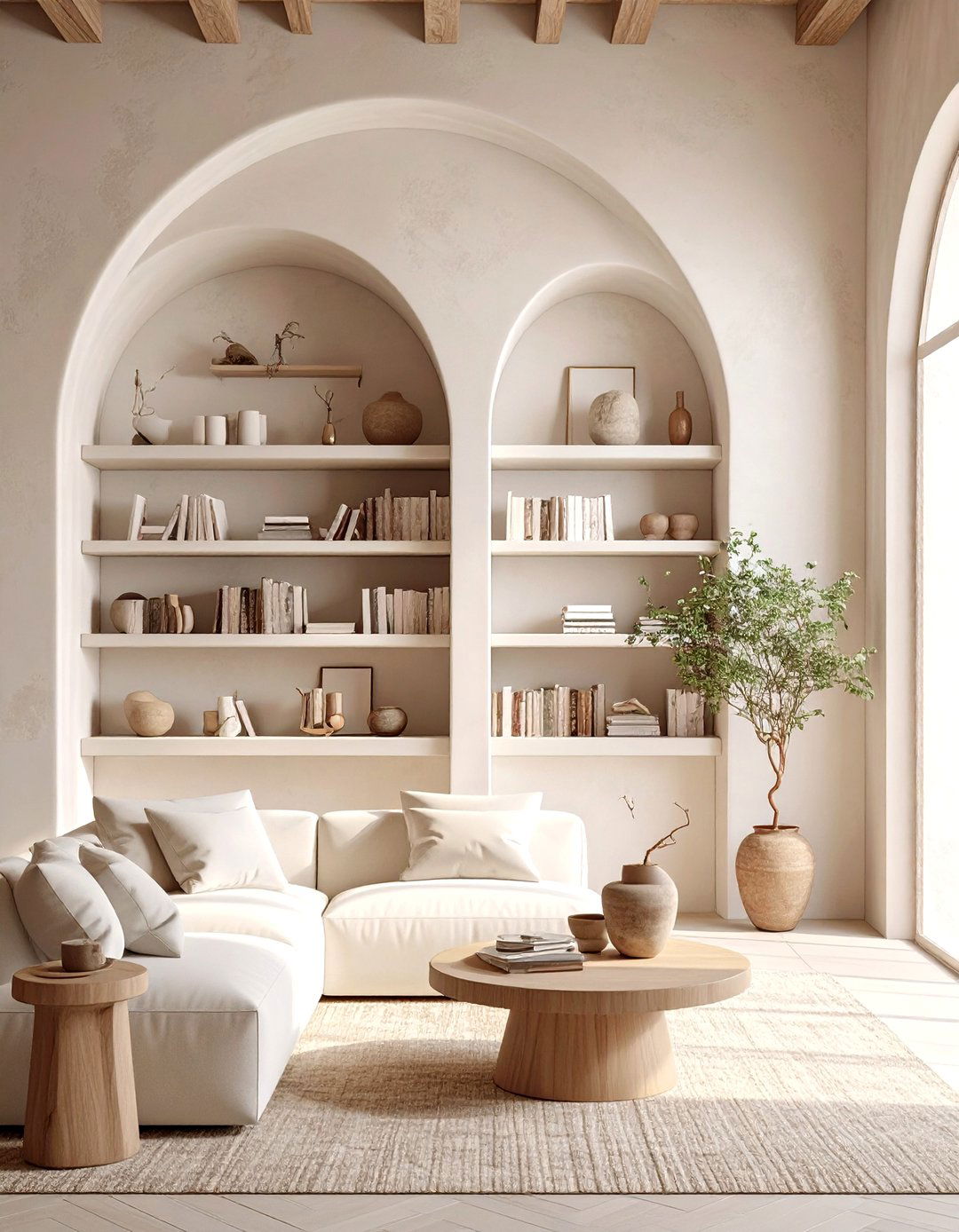 A Living Room with Built In Stucco Shelving - 30 mexican house design ideas