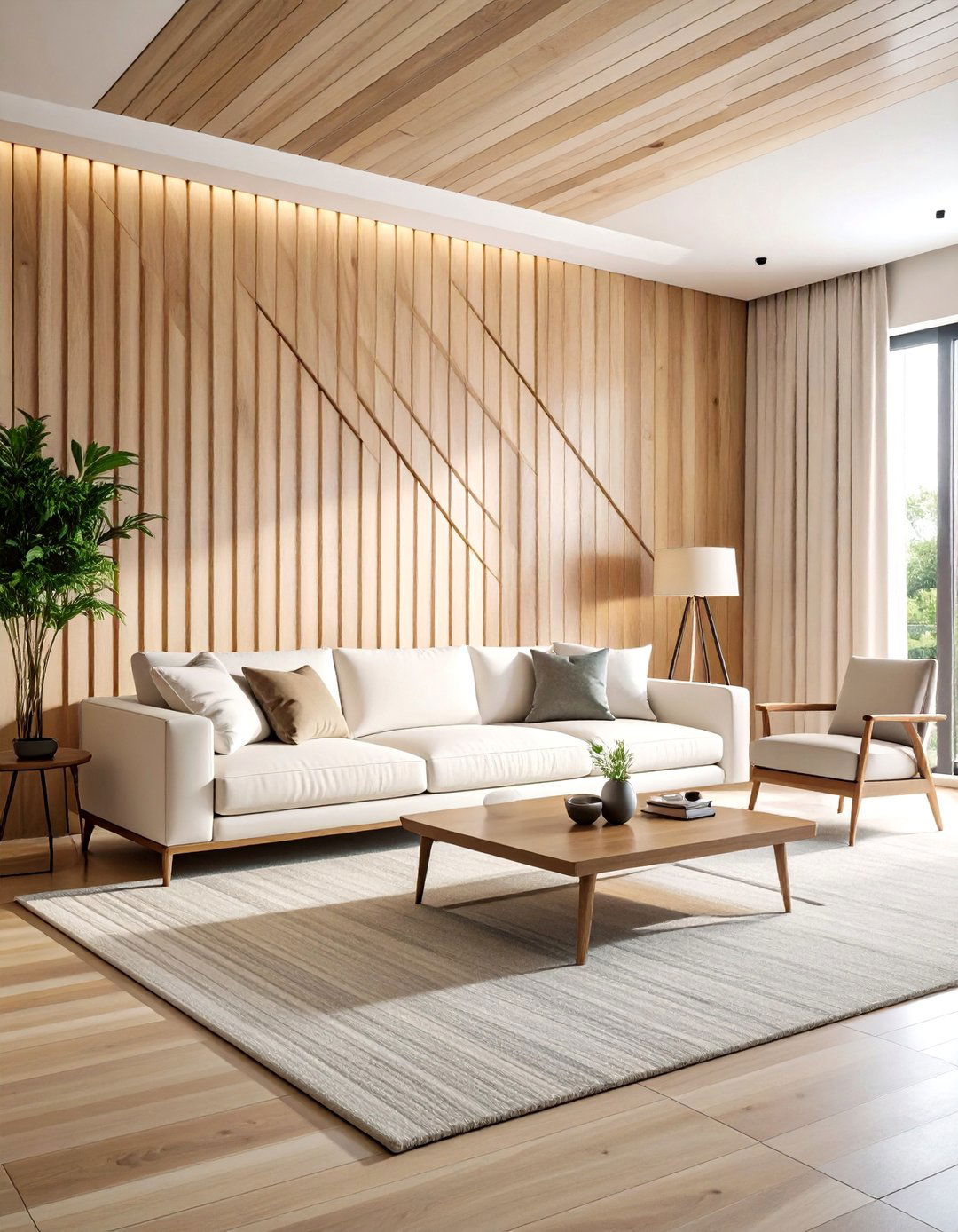 A Living Room with Diagonal Wood Paneling - 30 accent wall ideas living room