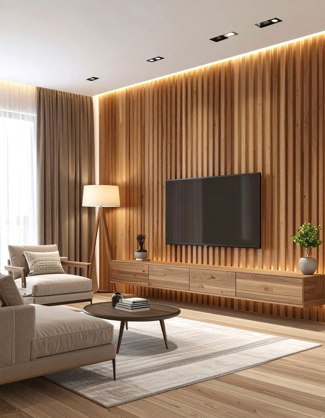 A Living Room with Slat Wood Paneling - 30 accent wall ideas living room
