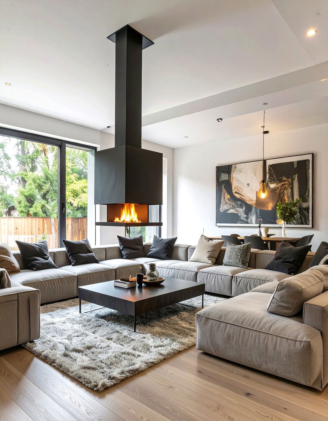 A Living Room with a Floating Fireplace - 30 ai mid-century living room ideas