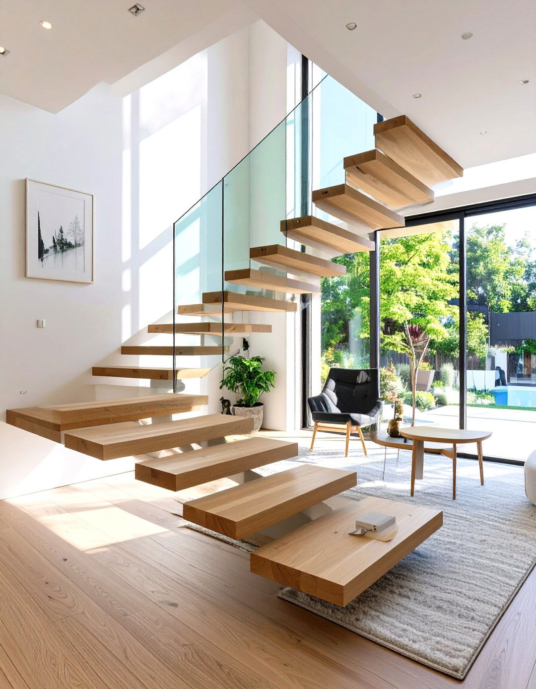 A Living Room with a Floating Staircase - 30 modern japanese interior design ideas
