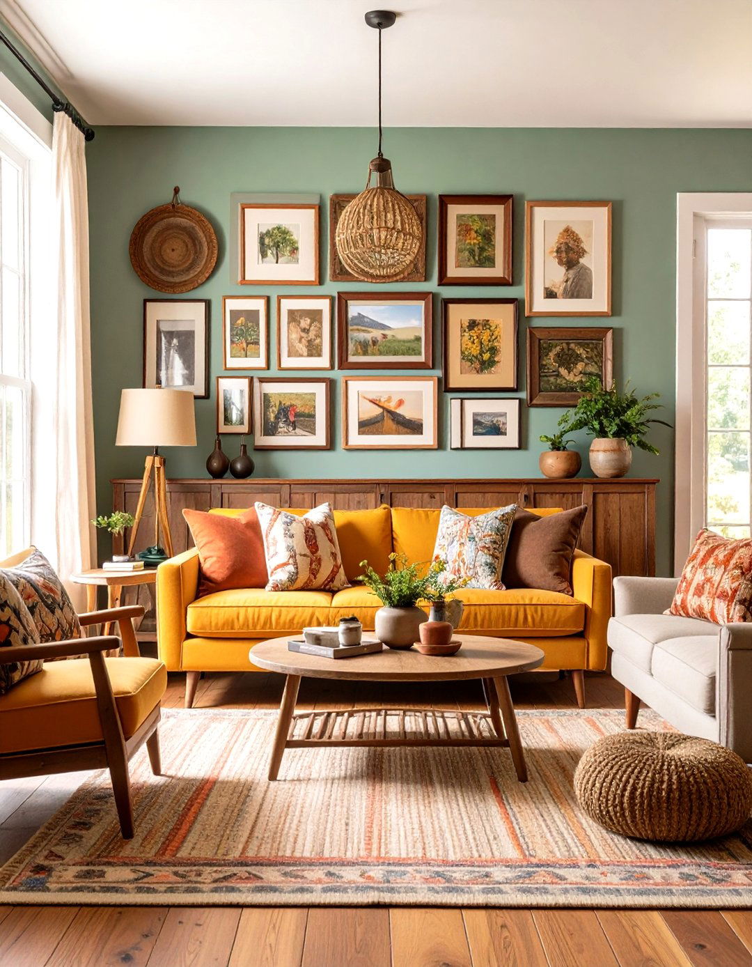 A Living Room with a Gallery Wall of Family Photos - 30 farmhouse country living room ideas
