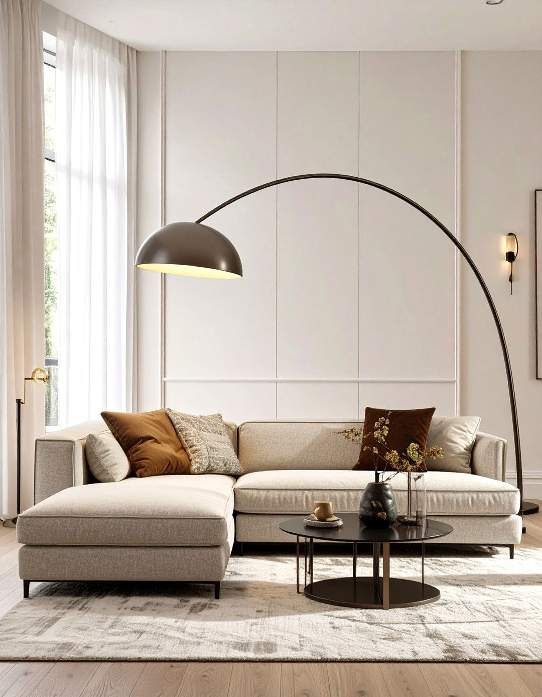 A Living Room with a Statement Arc Floor Lamp - 30 ai mid-century living room ideas