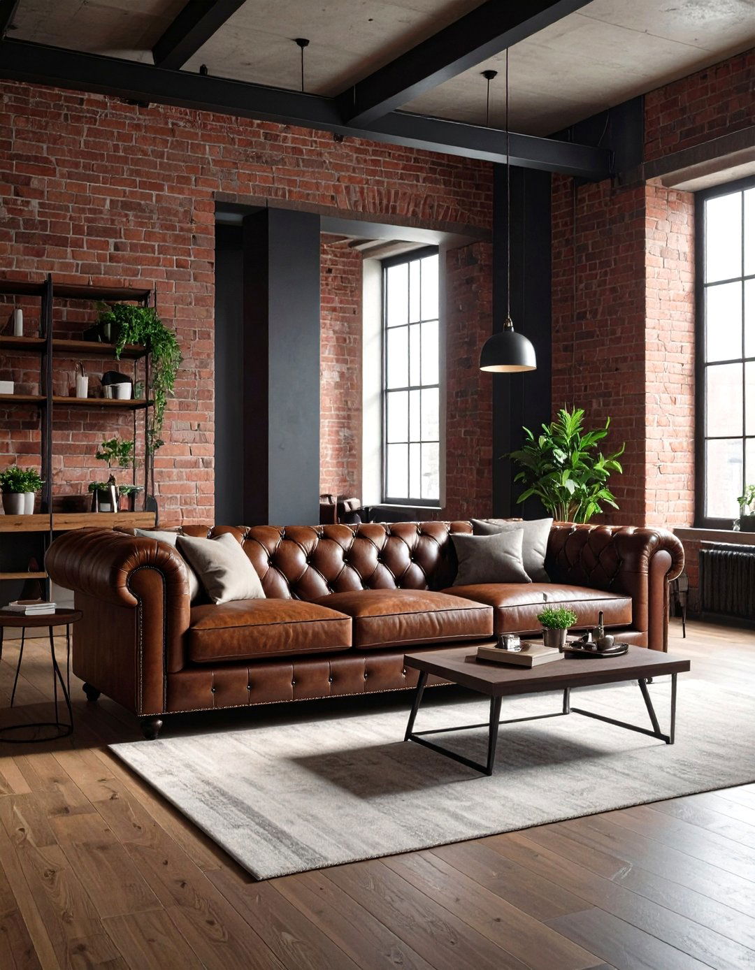 A Living Room with a Tufted Chesterfield Couch - 30 leather couch living room ideas