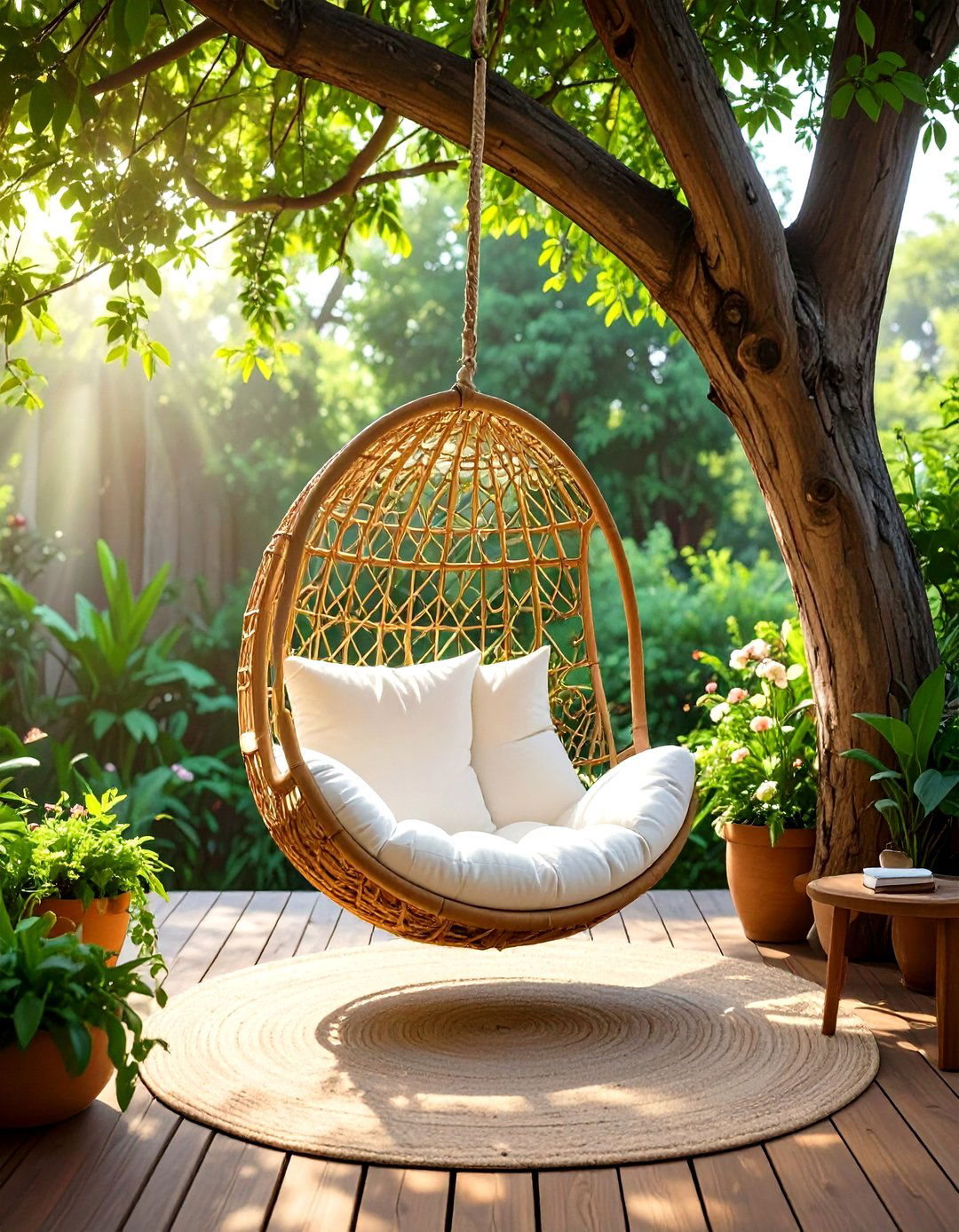 A Lounging Spot with a Hanging Rattan Chair - 30 tropical backyard ideas
