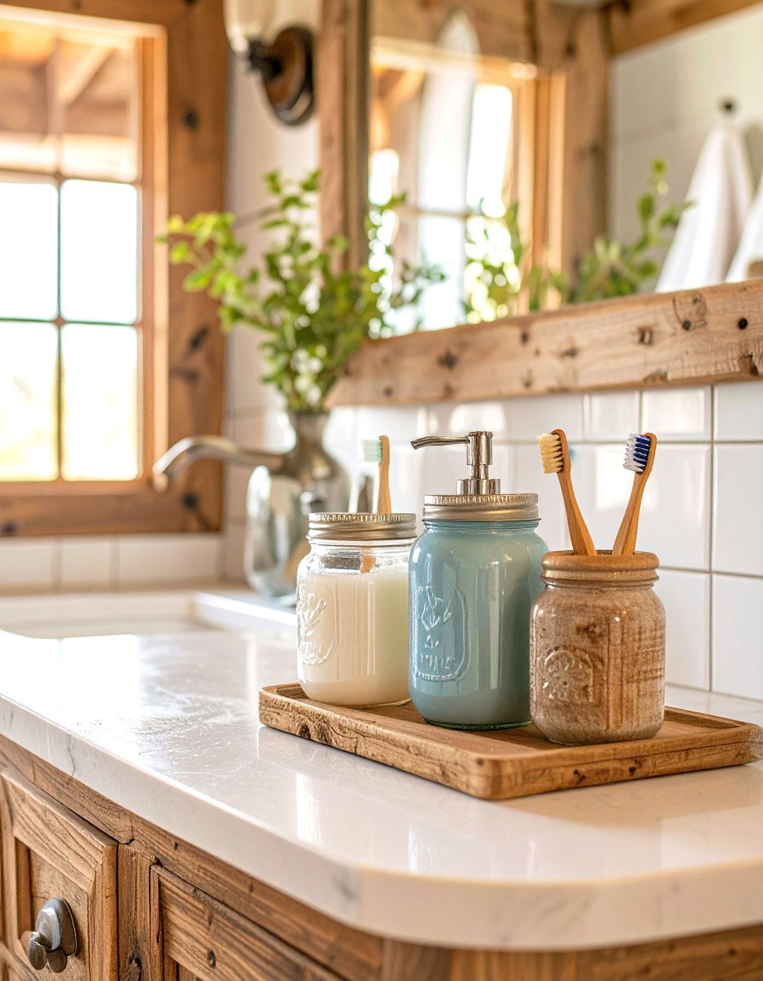 A Mason Jar Soap Dispenser and Organizer Set - 30 western bathroom ideas