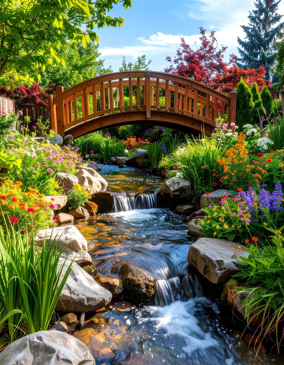 A Meandering Creek and Bridge Feature - 30 large backyard landscaping ideas