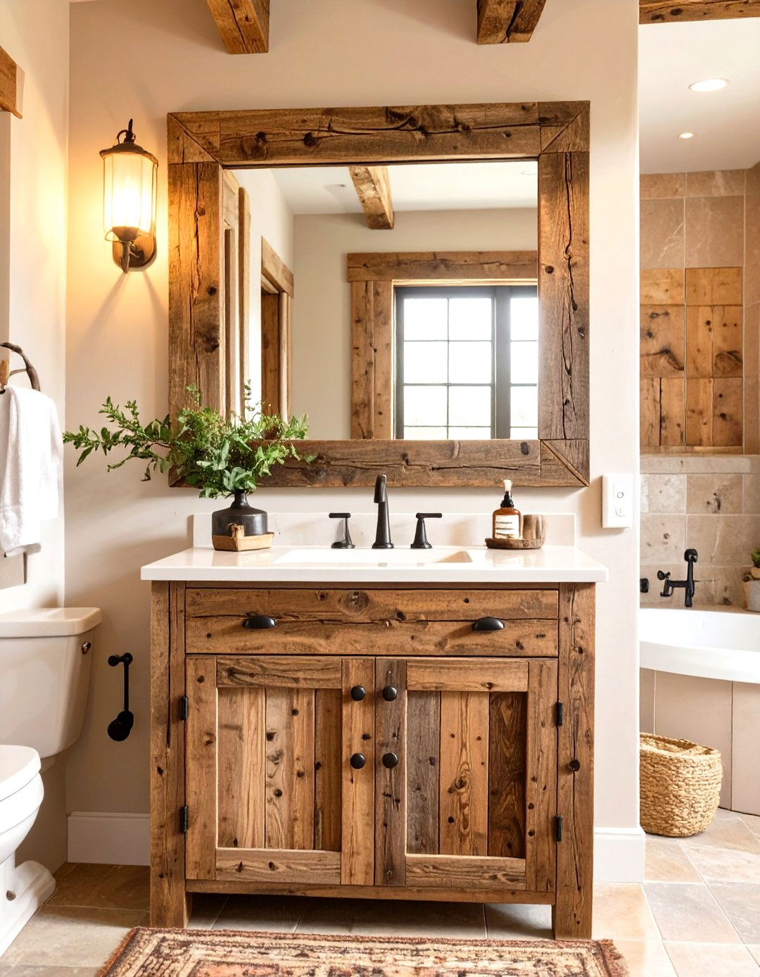 A Medicine Cabinet with a Rustic Wood Frame - 30 western bathroom ideas