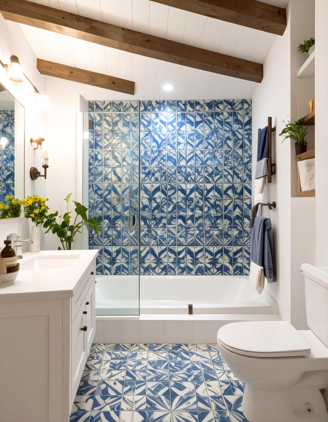 A Mediterranean Blue and White Bathroom - 30 bathtub shower combo ideas for small bathrooms