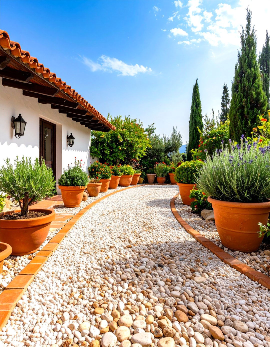 A Mediterranean Gravel and Terracotta Garden Pathway - 30 garden pathway ideas