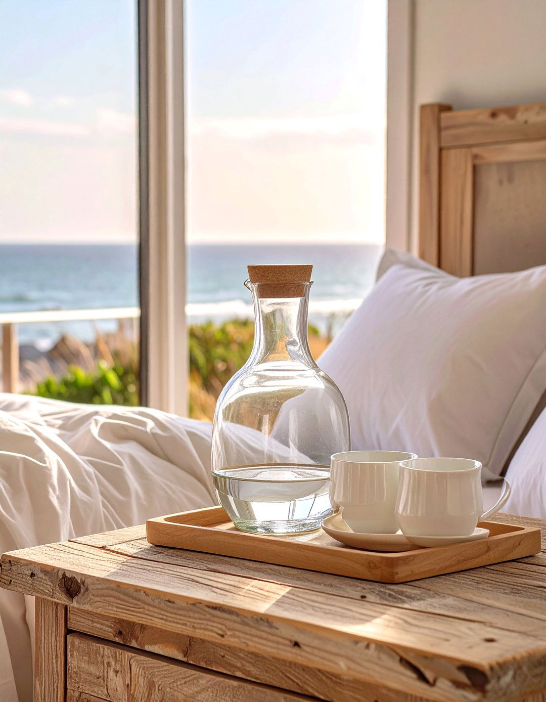 A Minimalist Bedside Carafe - 30 seaside modern coastal bedroom ideas