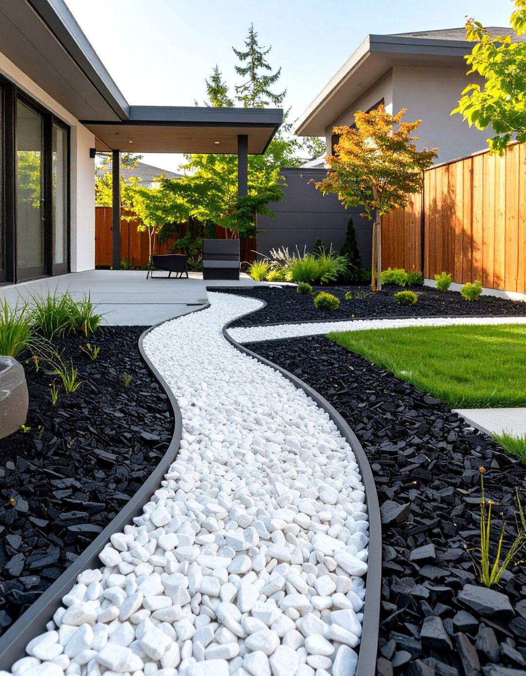 A Minimalist Design with Black Mulch and White Rocks - 30 low maintenance front yard landscaping ideas with rocks and mulch
