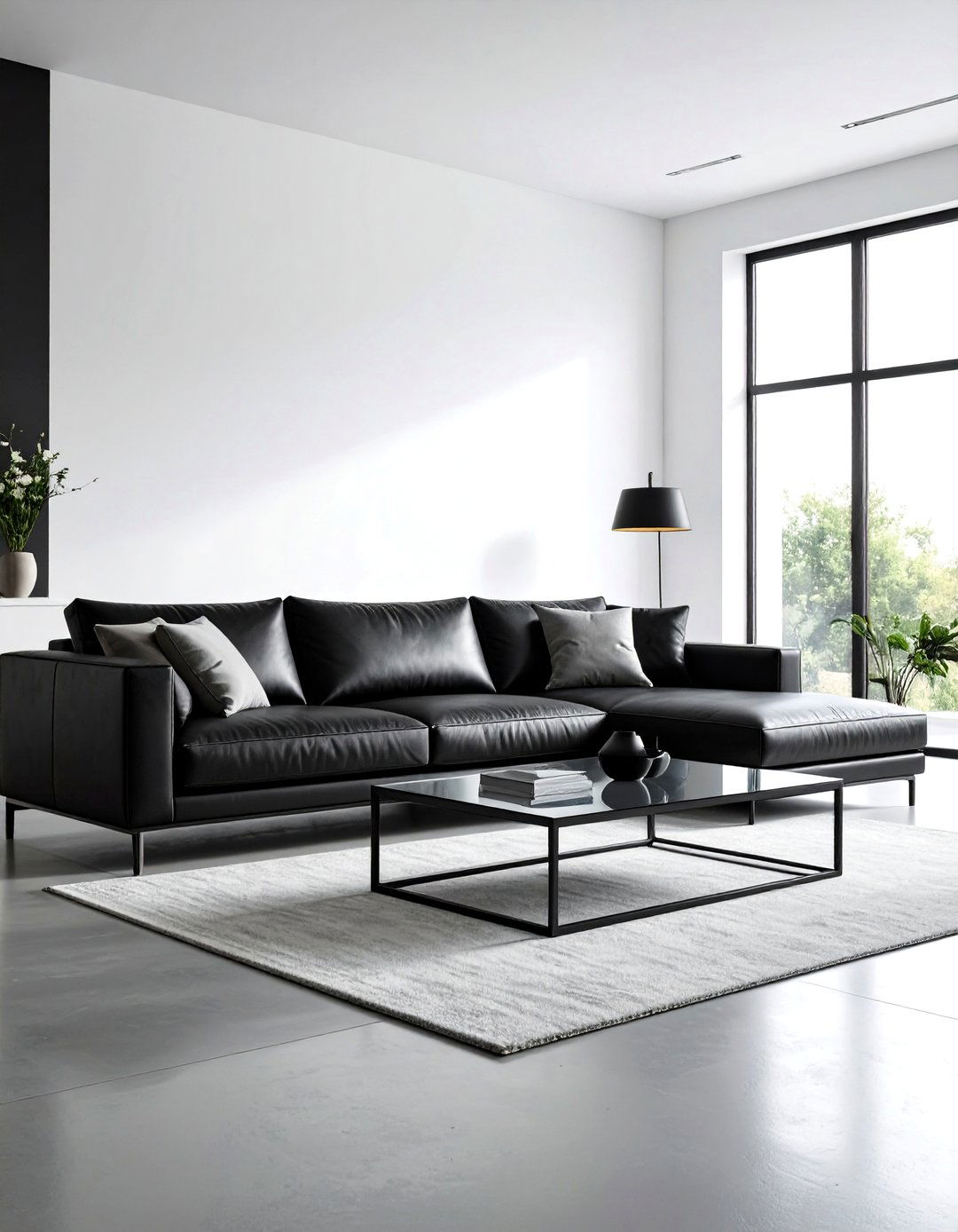 A Minimalist Living Room with a Black Leather Couch - 30 leather couch living room ideas