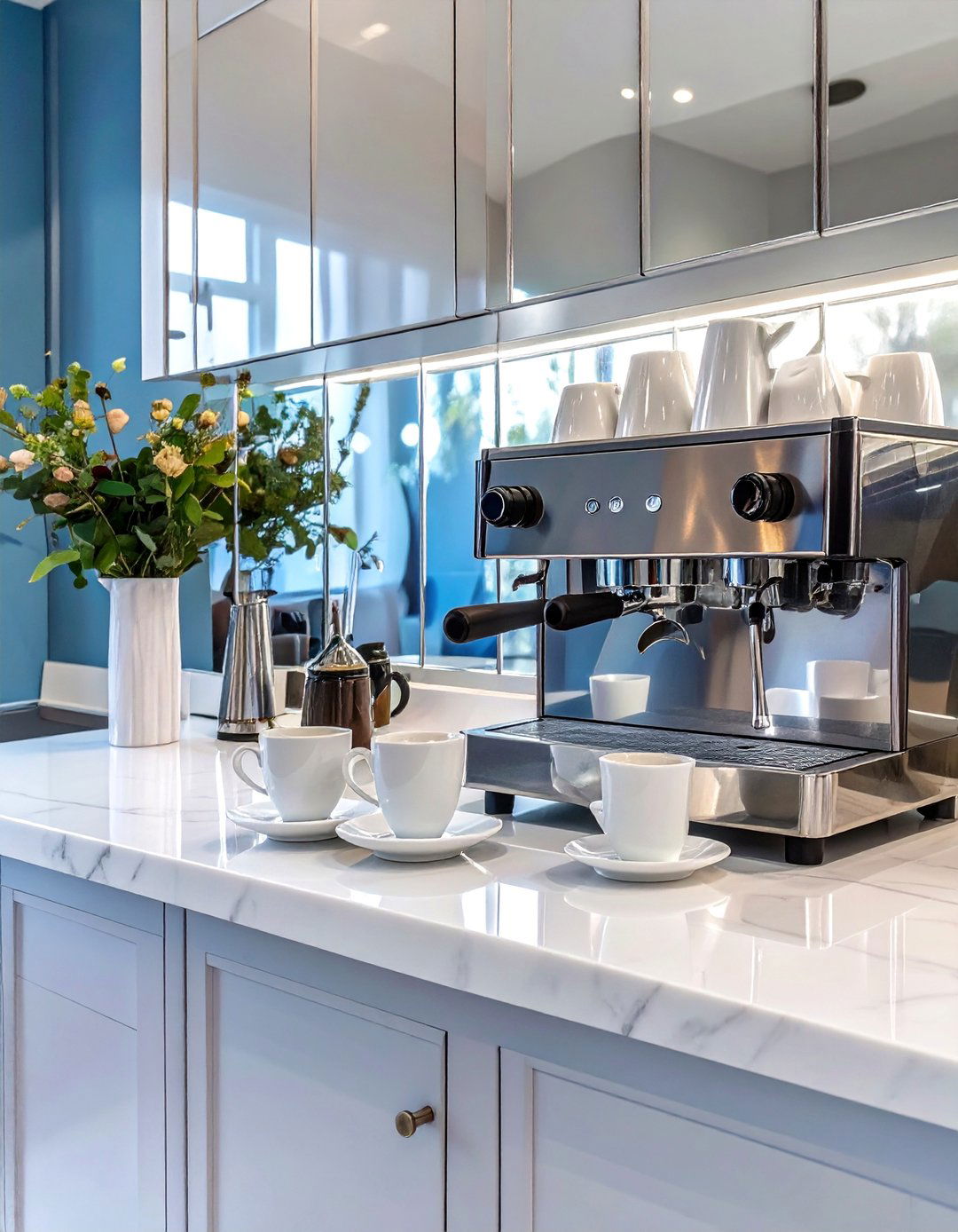 A Mirrored Backsplash Coffee Nook - 30 coffee bar ideas for kitchen