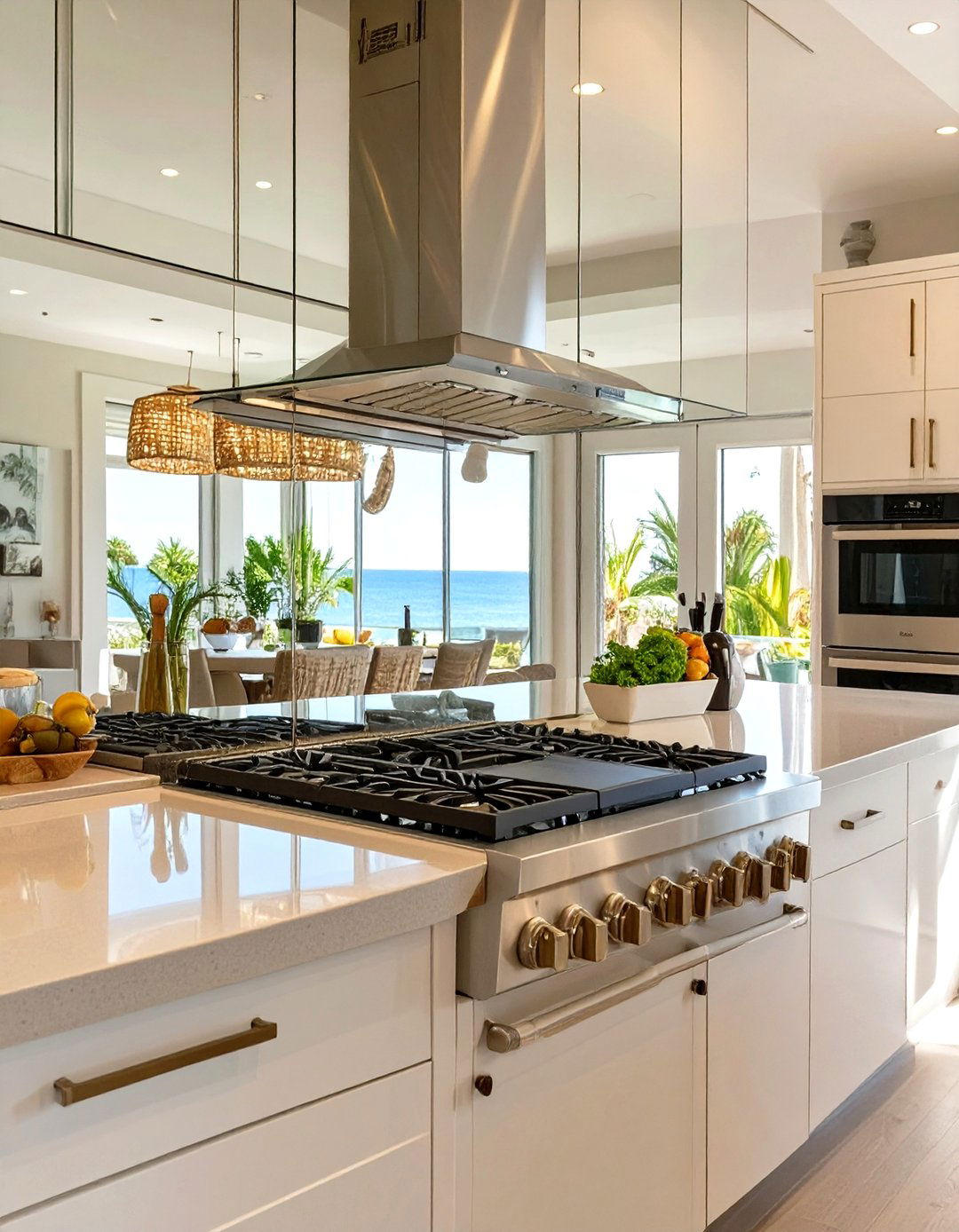 A Mirrored Backsplash - 30 small coastal kitchen ideas