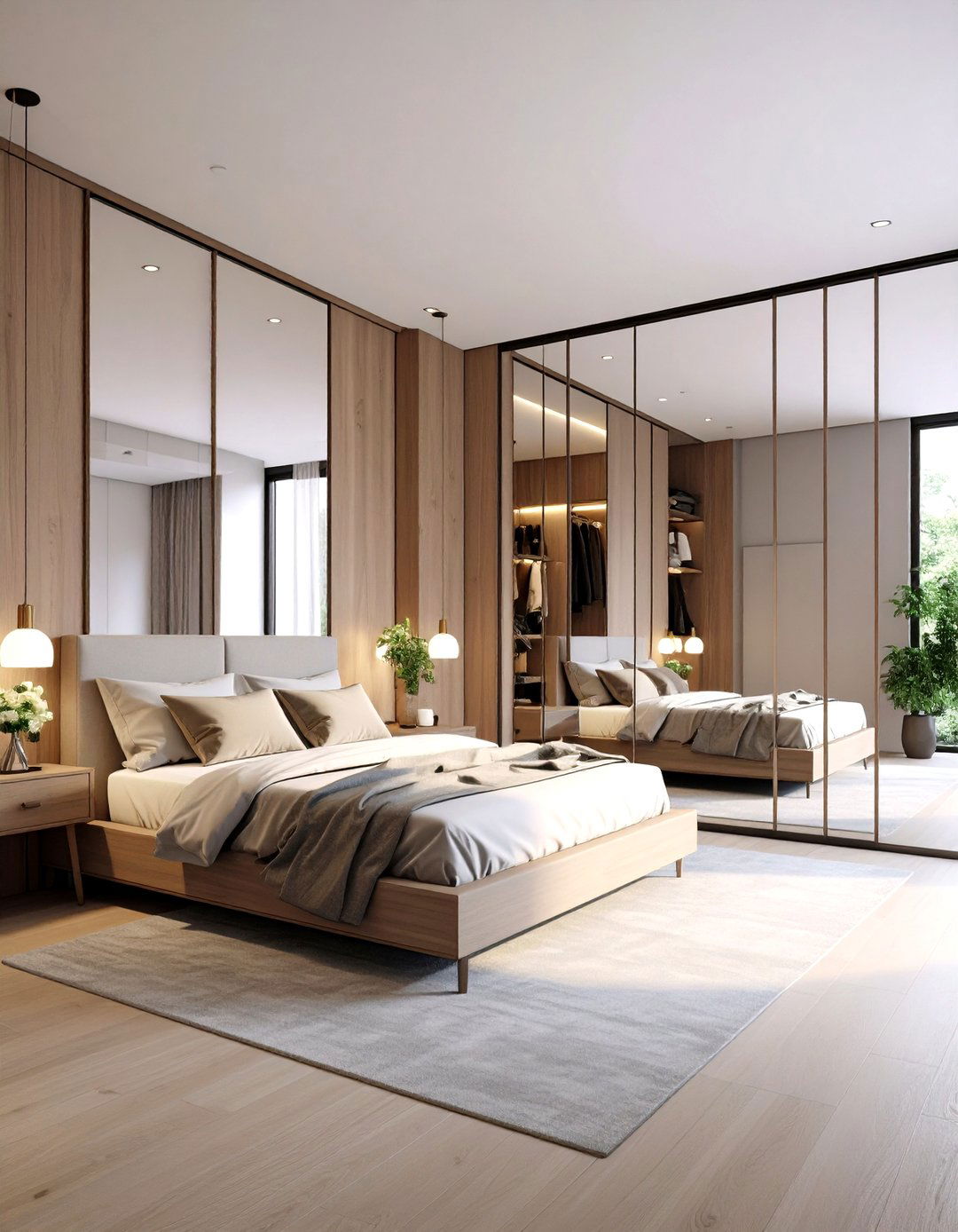 A Mirrored Wardrobe Wall - 30 layout ways to arrange a small bedroom ideas