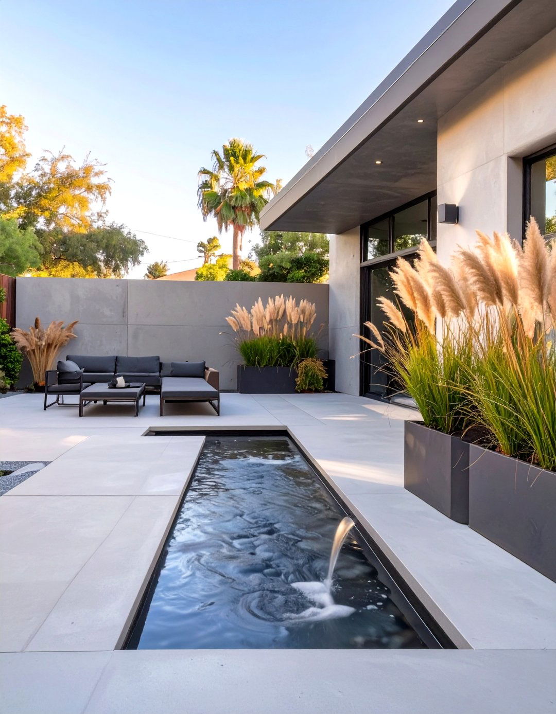 A Modern Concrete Patio with Water Feature - 30 backyard ideas without grass