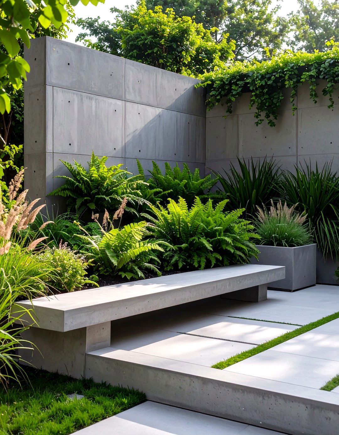 A Modern Concrete and Greenery Garden - 30 corner garden ideas