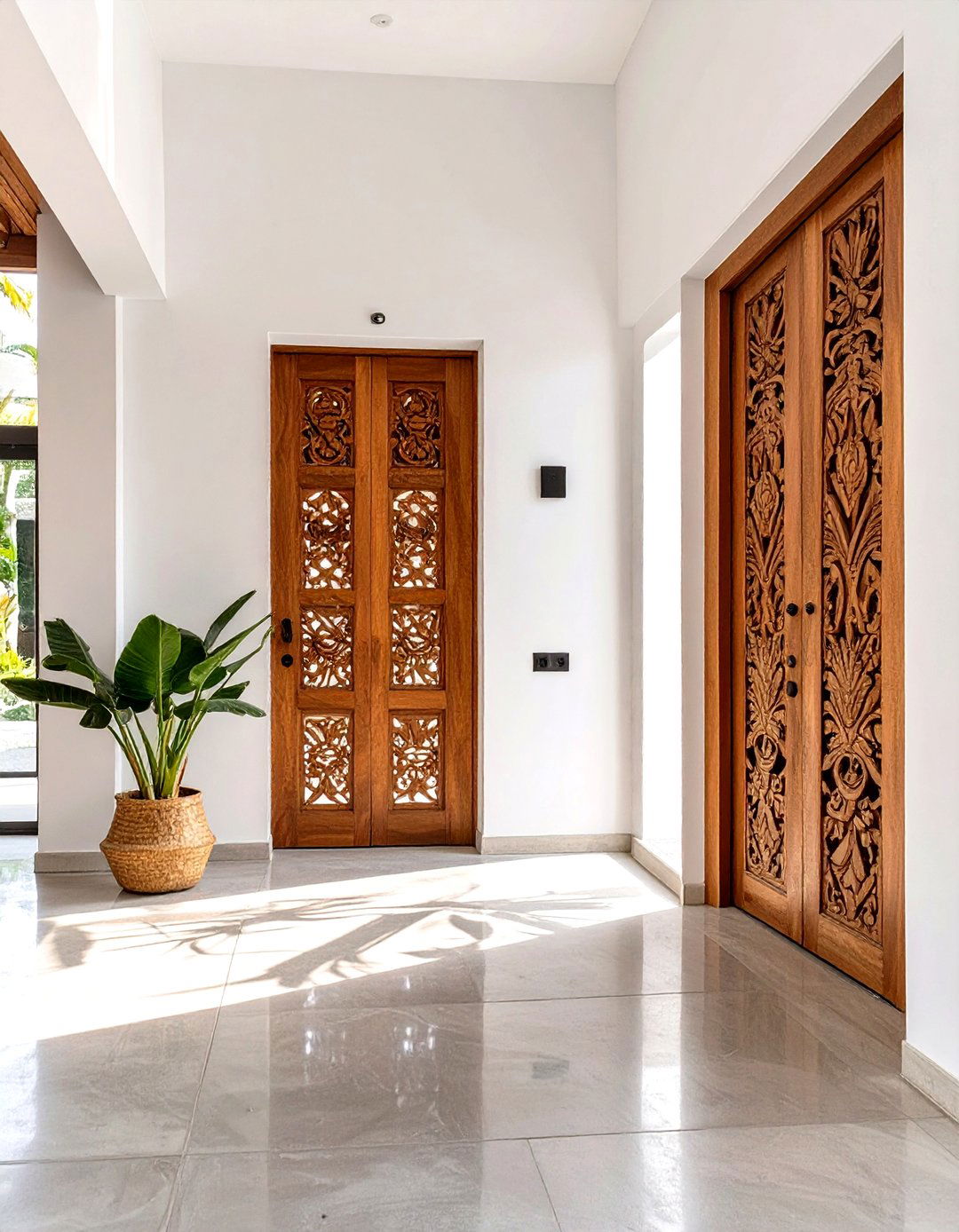 A Modern Entryway with Carved Wooden Doors - 30 mexican interior design ideas