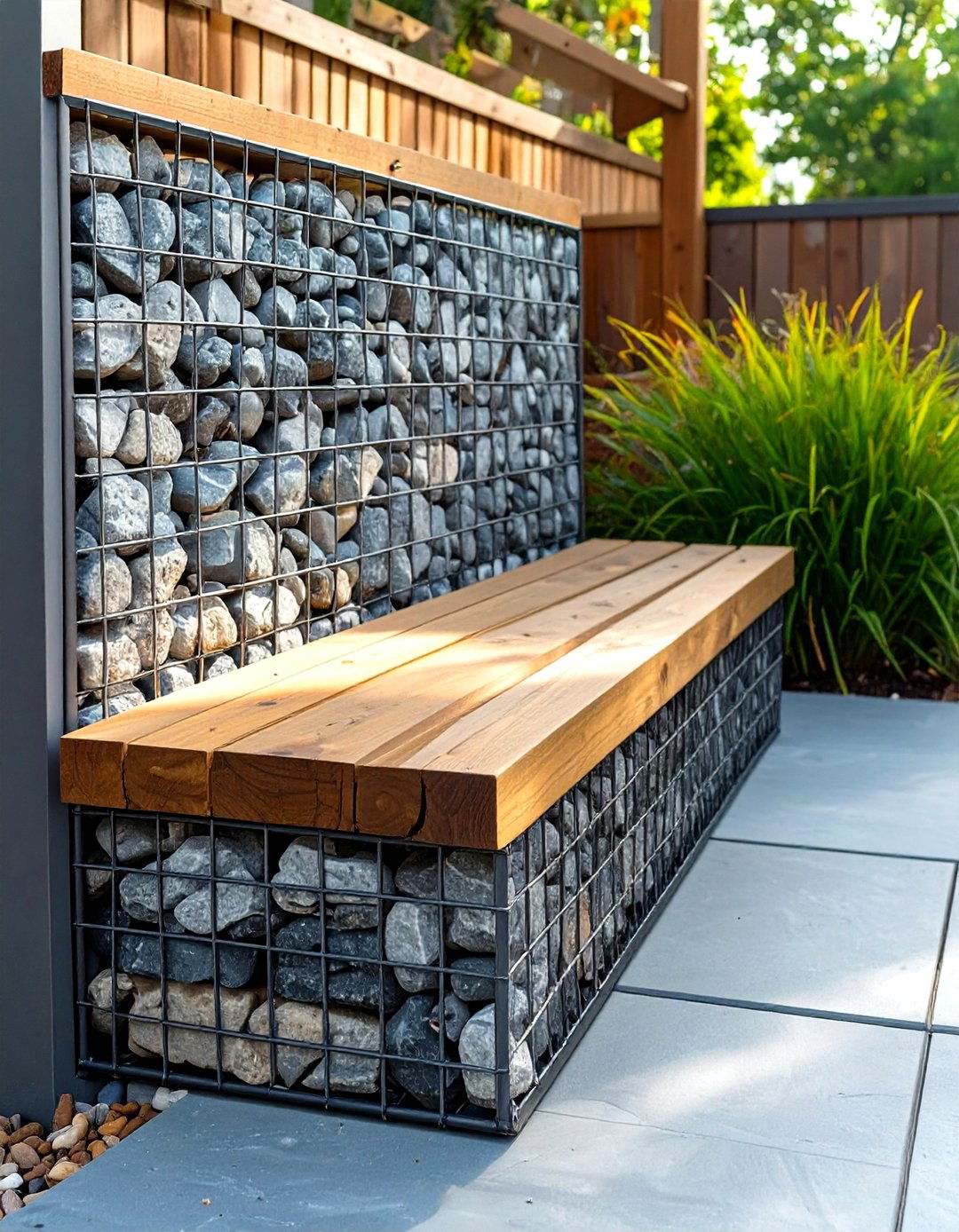 A Modern Gabion Wall Bench - 30 modern backyard ideas on a budget