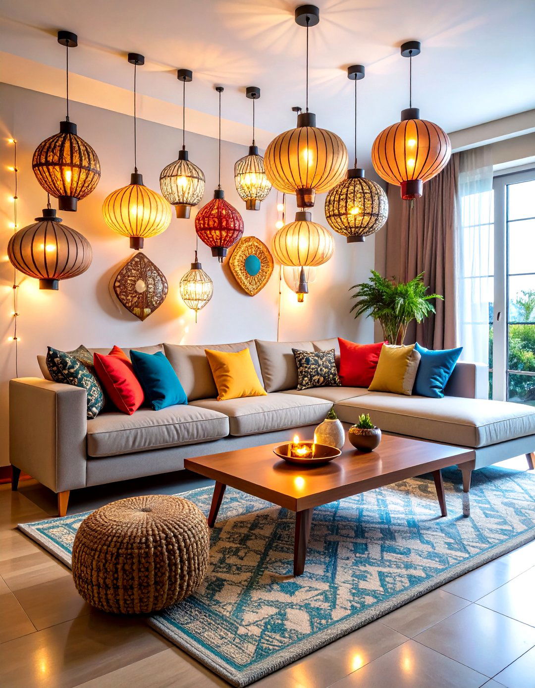 A Modern Geometric Light Display - 30 diwali decoration ideas for living room